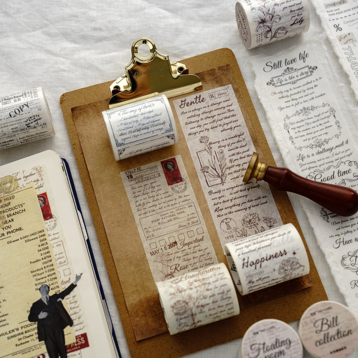 Vintage Script Washi Tape, 6 Literary Designs, 2 Inch
