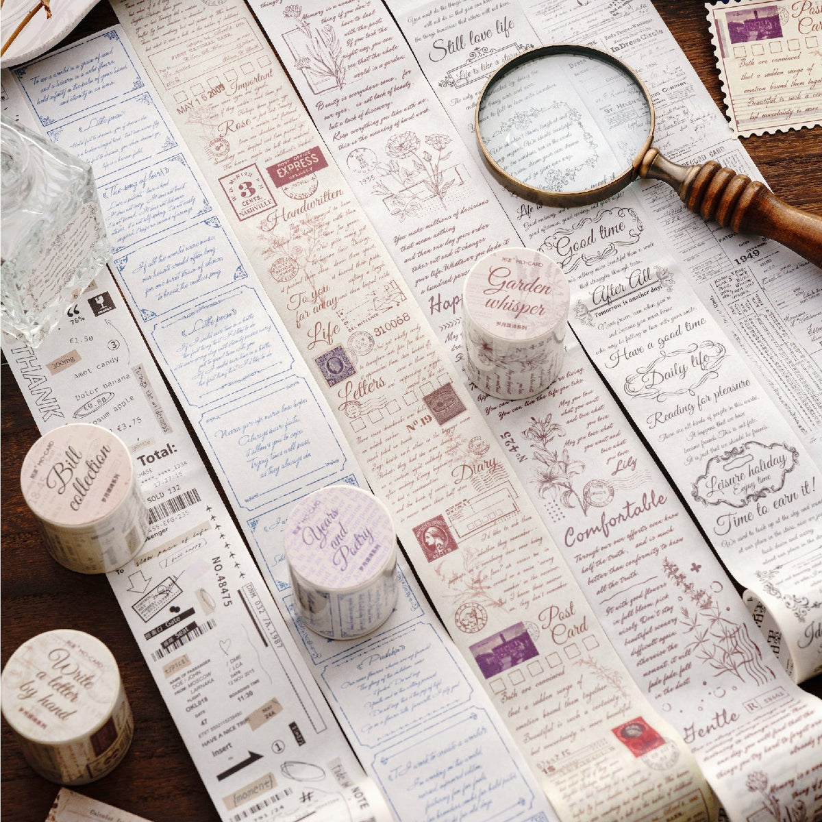 Vintage Script Washi Tape, 6 Literary Designs, 2 Inch