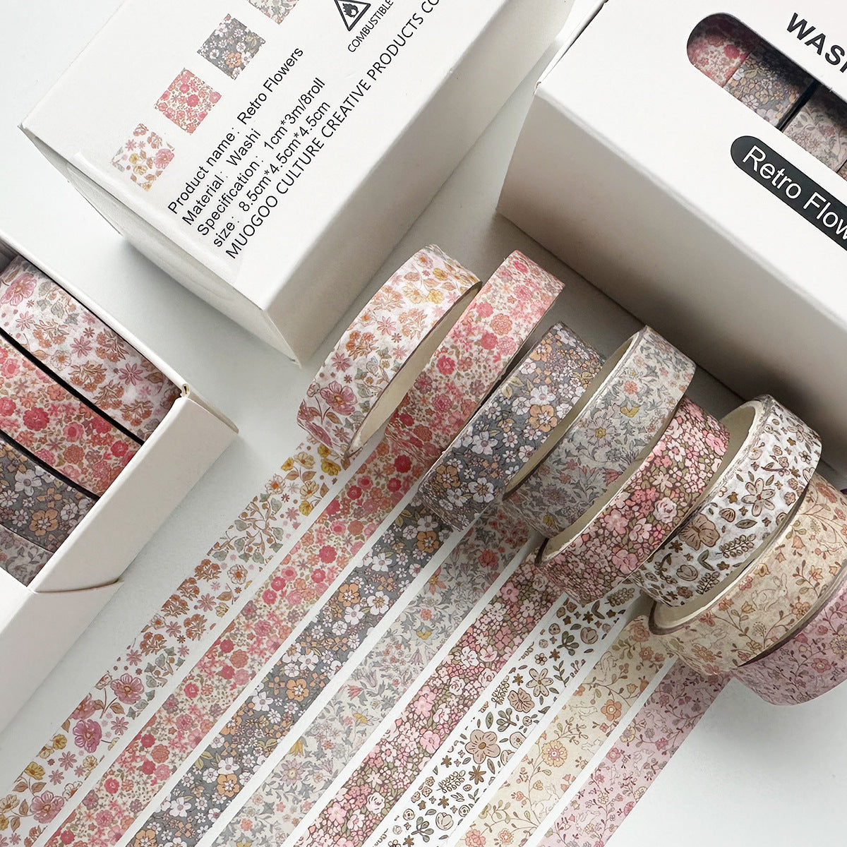 Vintage Slim Washi Tape Set for Journals, 8 Rolls