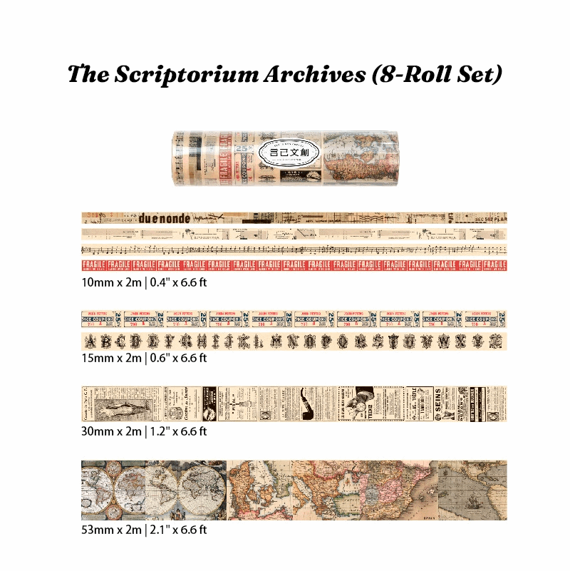 Scriptorium Vintage Washi Tape Set, 8 Paper Rolls