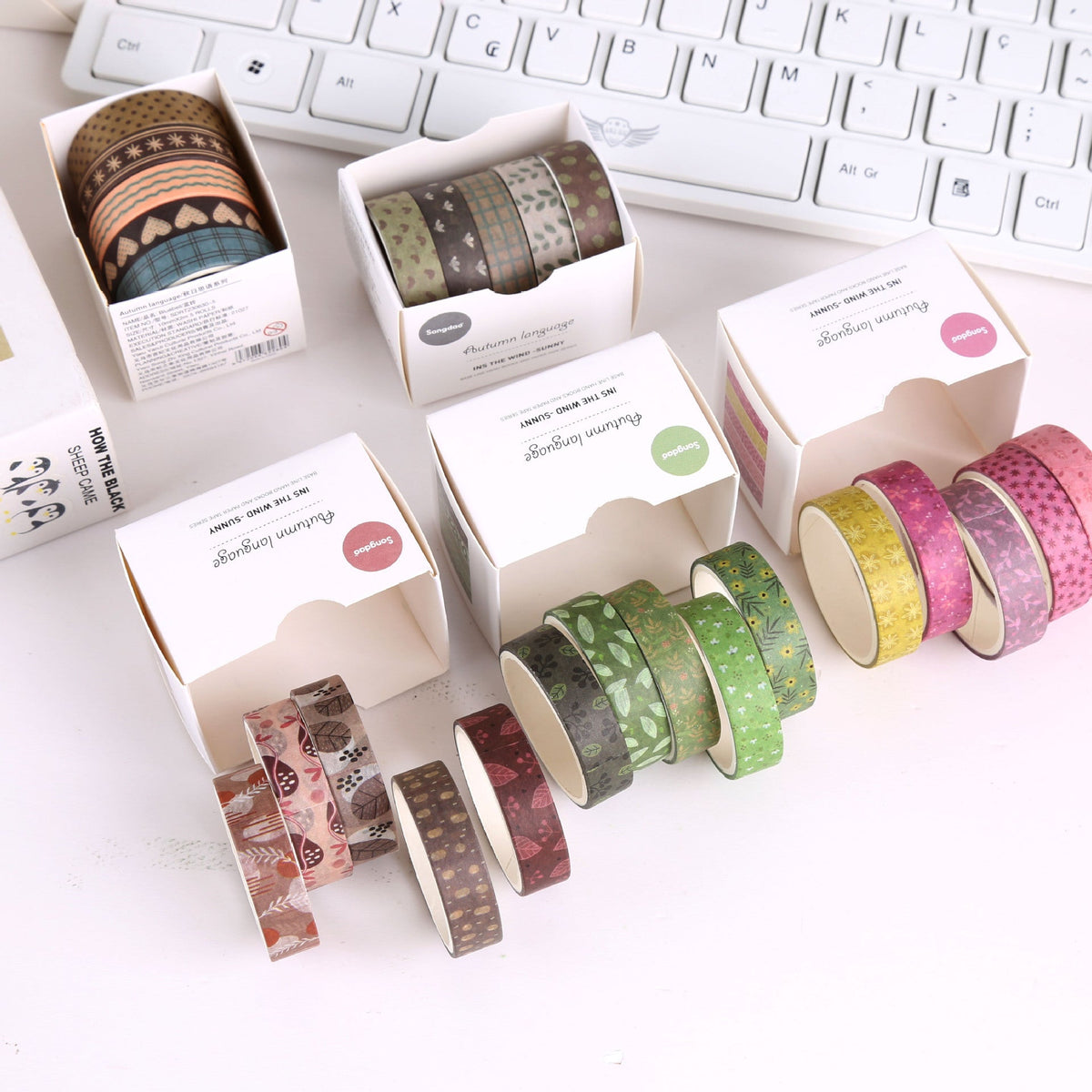 Autumn Whisper Botanical Washi Tape Set, 5 Rolls, 12 Themes