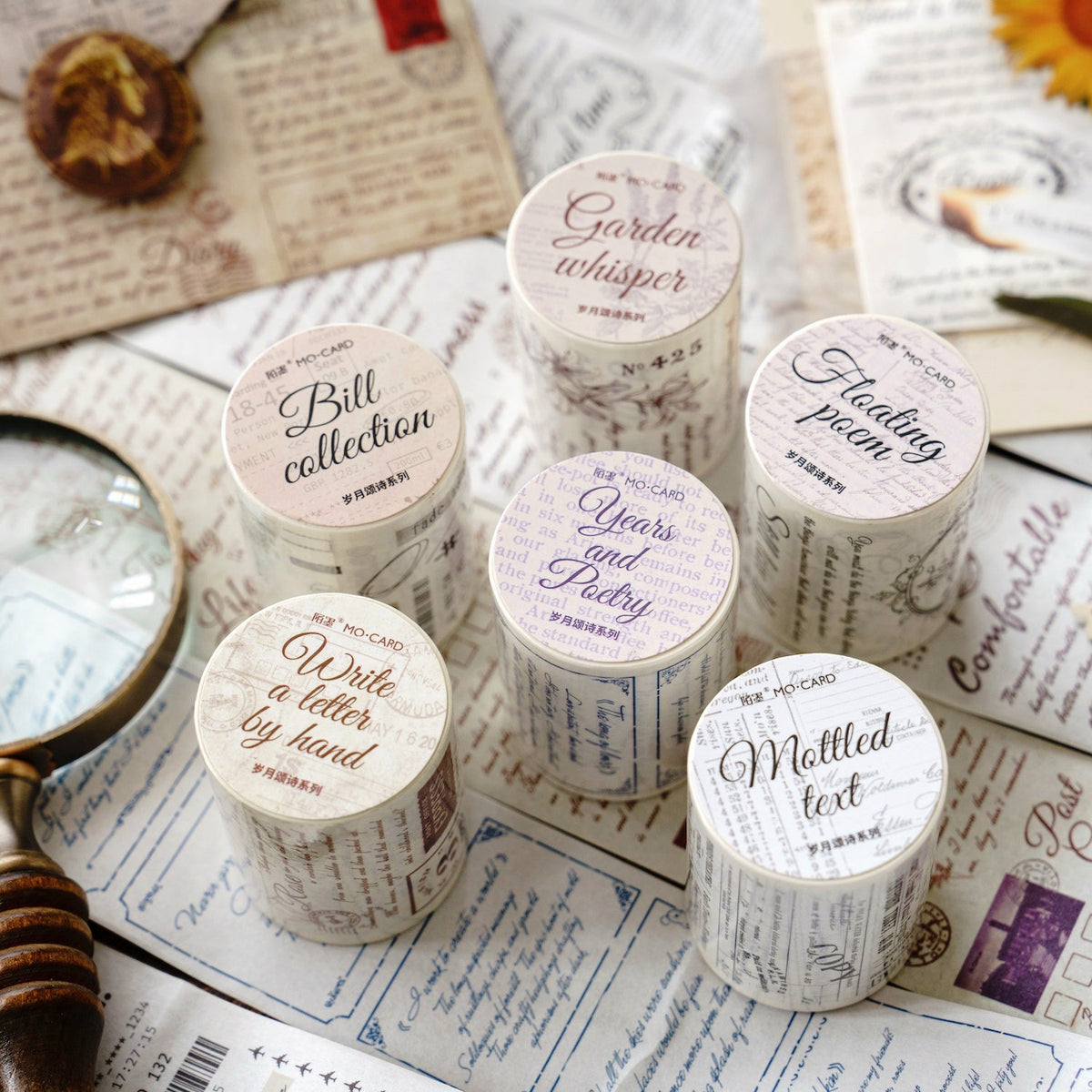 Vintage Script Washi Tape, 6 Literary Designs, 2 Inch