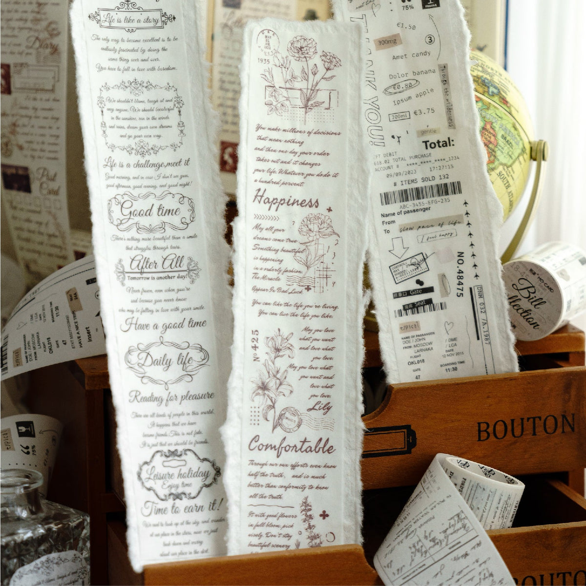 Vintage Script Washi Tape, 6 Literary Designs, 2 Inch