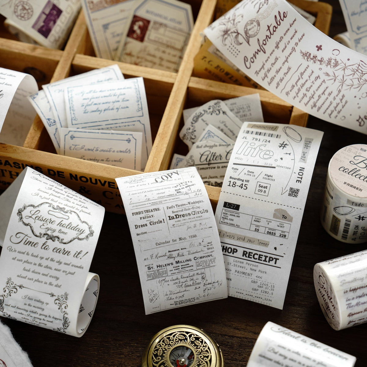 Vintage Script Washi Tape, 6 Literary Designs, 2 Inch